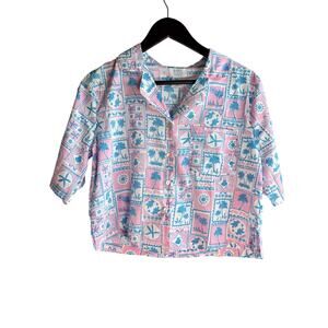Sigrid Olsen Sleepwear Top Pink Blue Palm Print Pajama Shirt S NWT